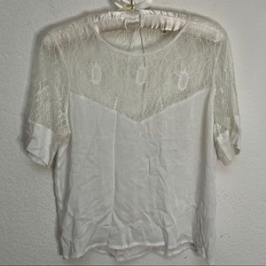 Lucca White Top Sheer Lace Lightweight Boho Flowy Tee Shirt Blouse Keyhole Sz S